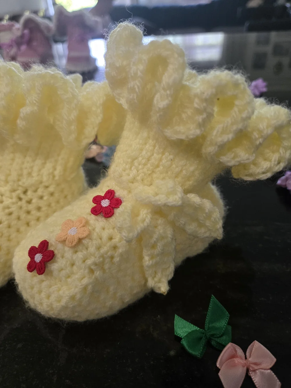 Handmade Yellow Crochet Baby Booties with Floral Appliqués
